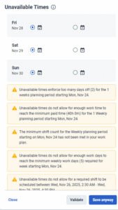 Click to enlarge. Displays the warning messages when unavailable times are submitted.